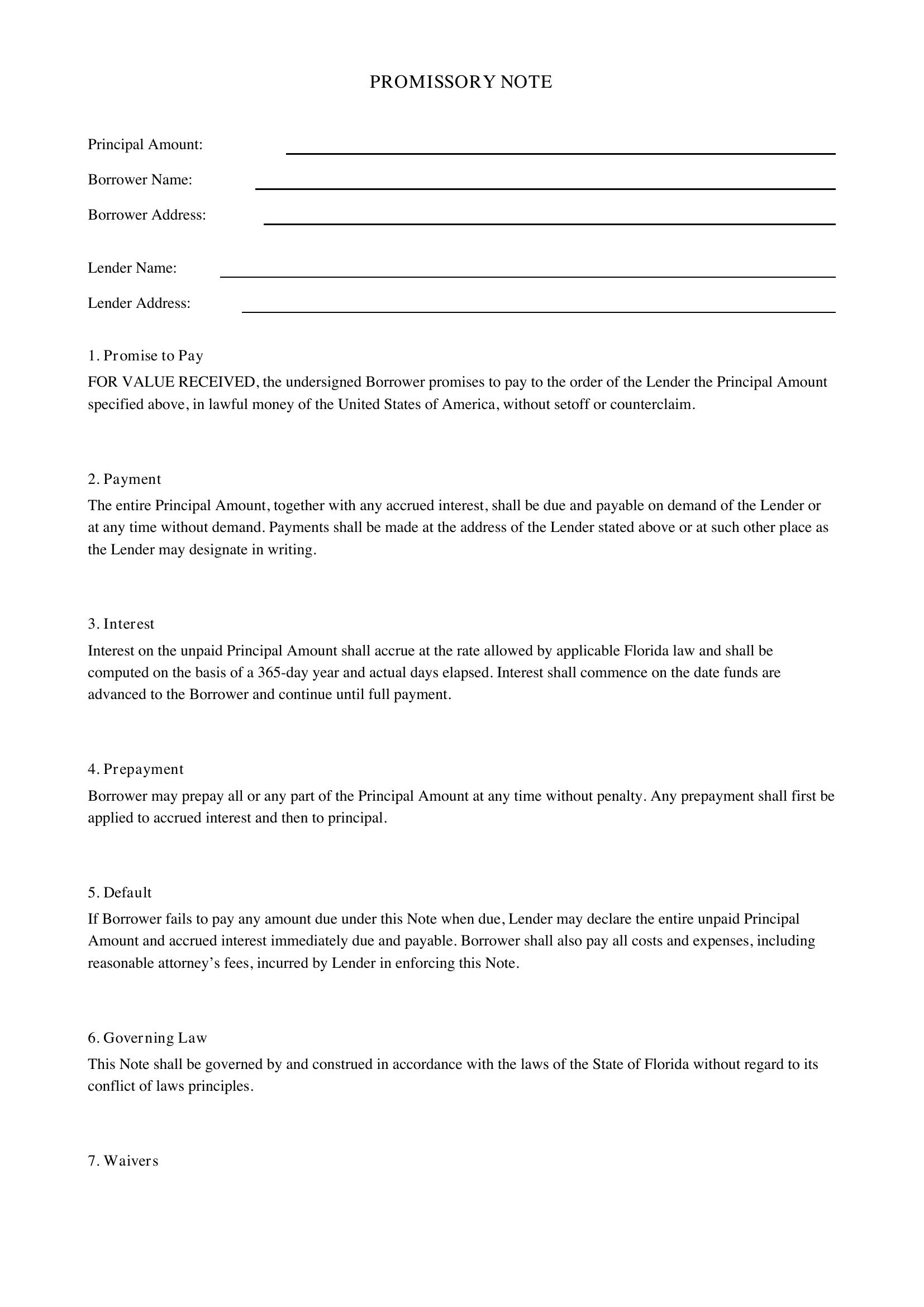Promissory Note Template Florida