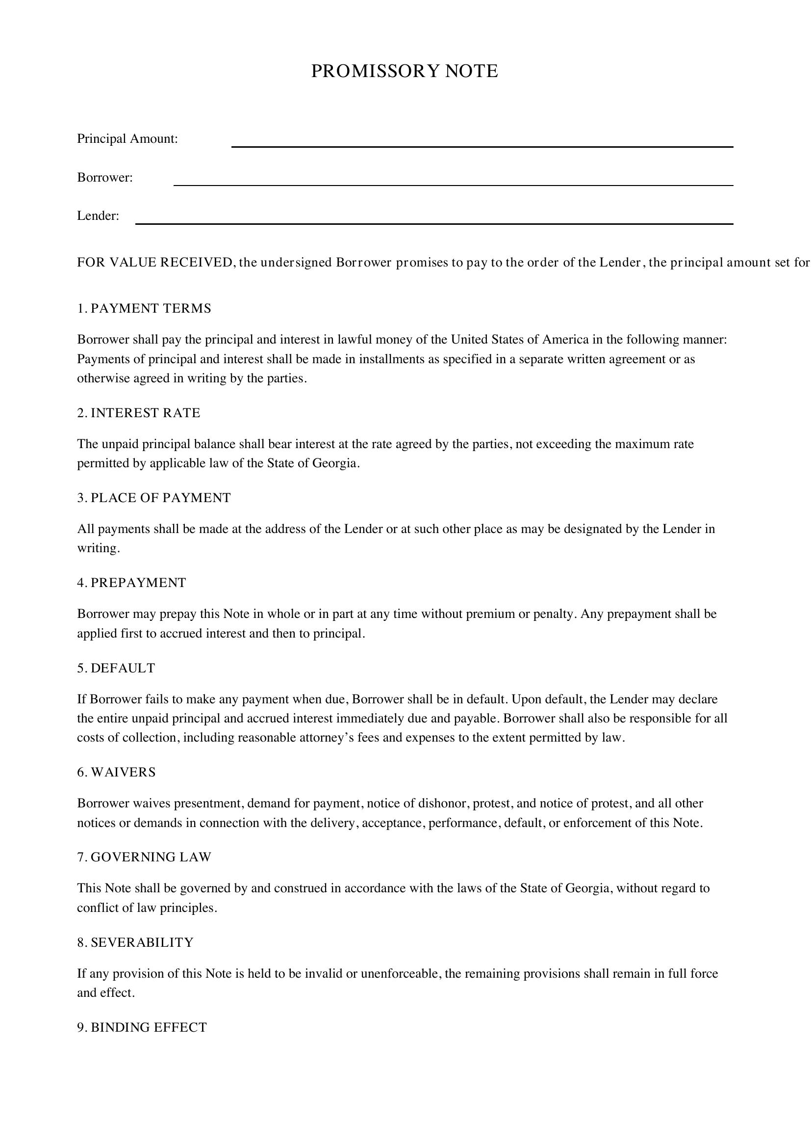 Promissory Note Template Georgia