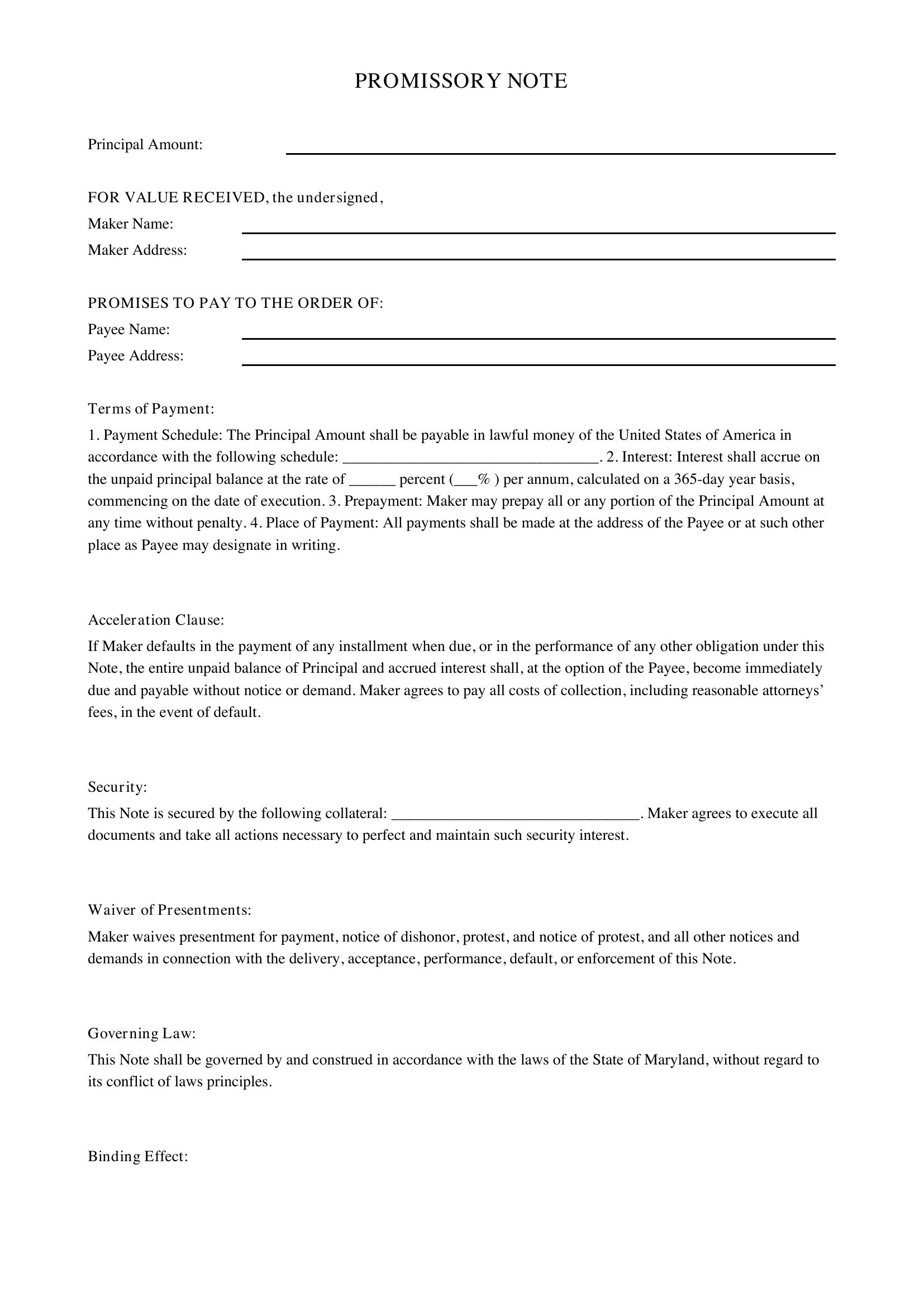Promissory Note Template Maryland