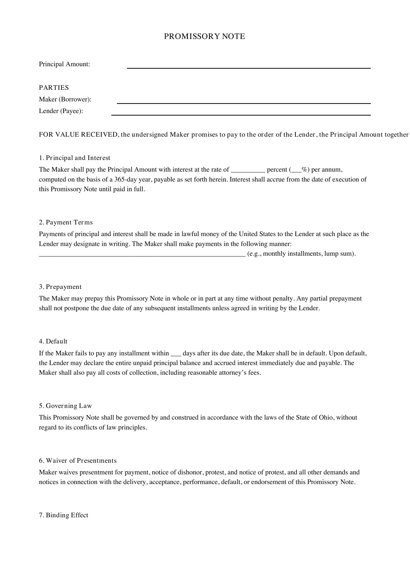 Promissory Note Template Ohio