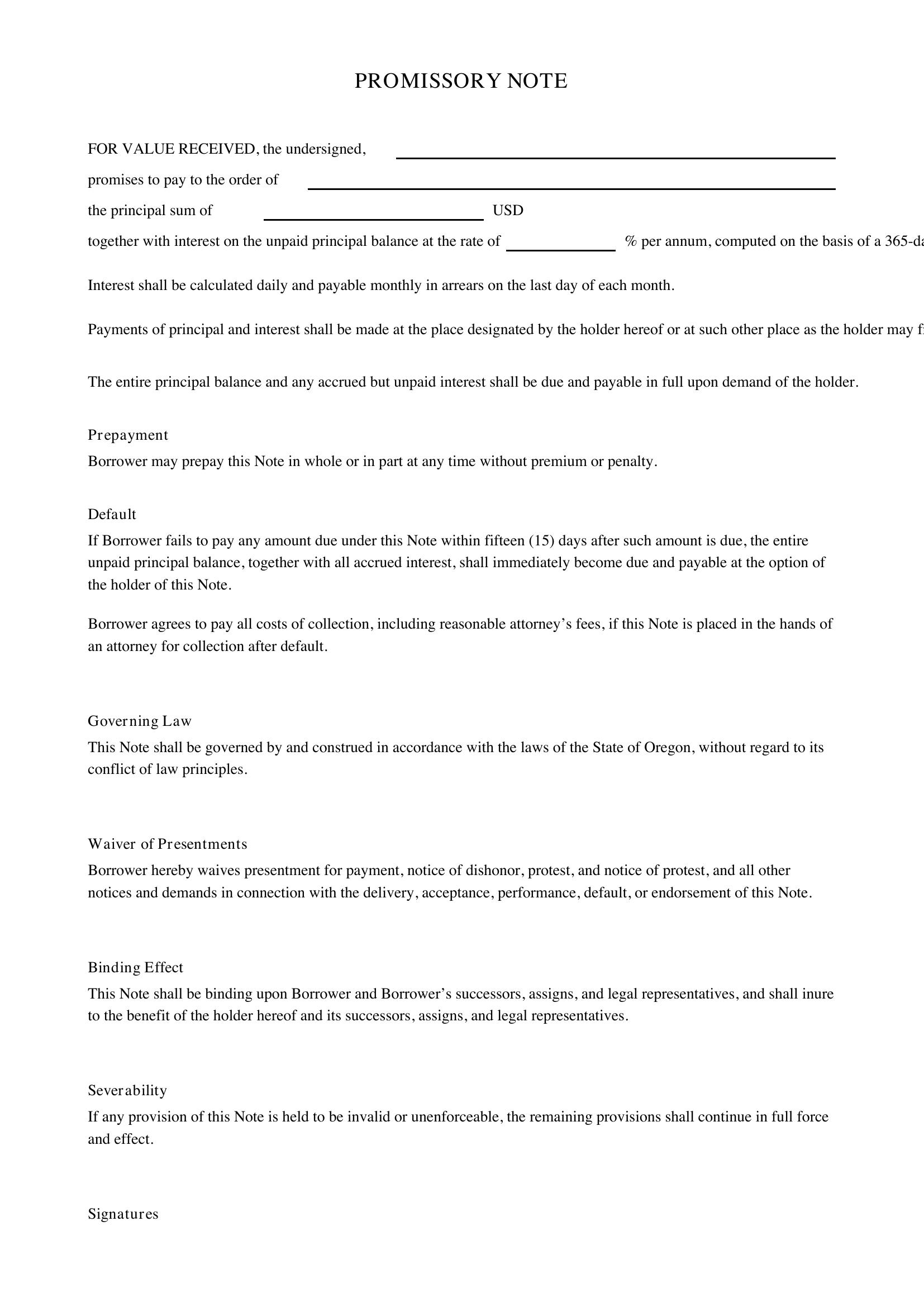 Promissory Note Template Oregon