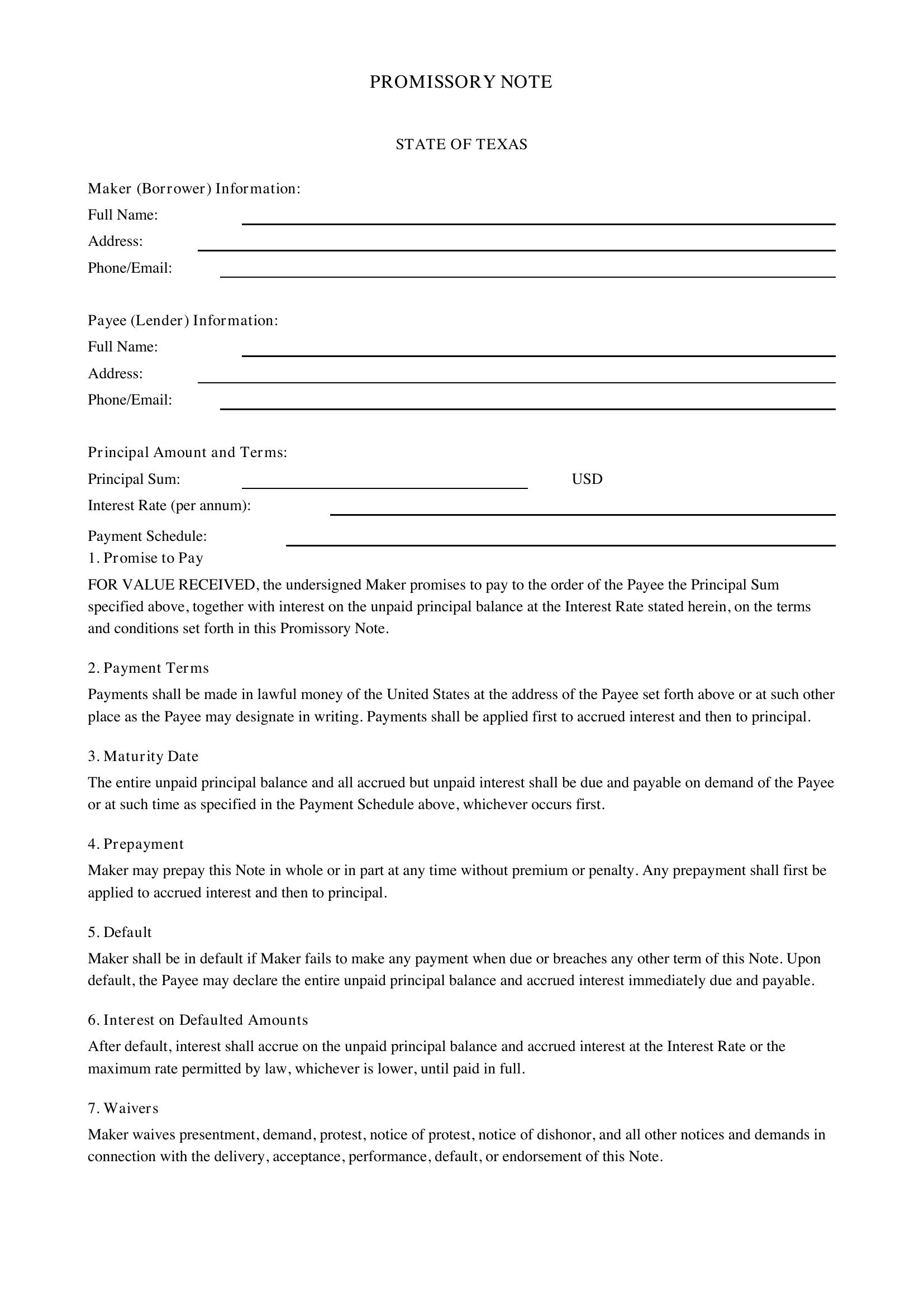 Promissory Note Template Texas