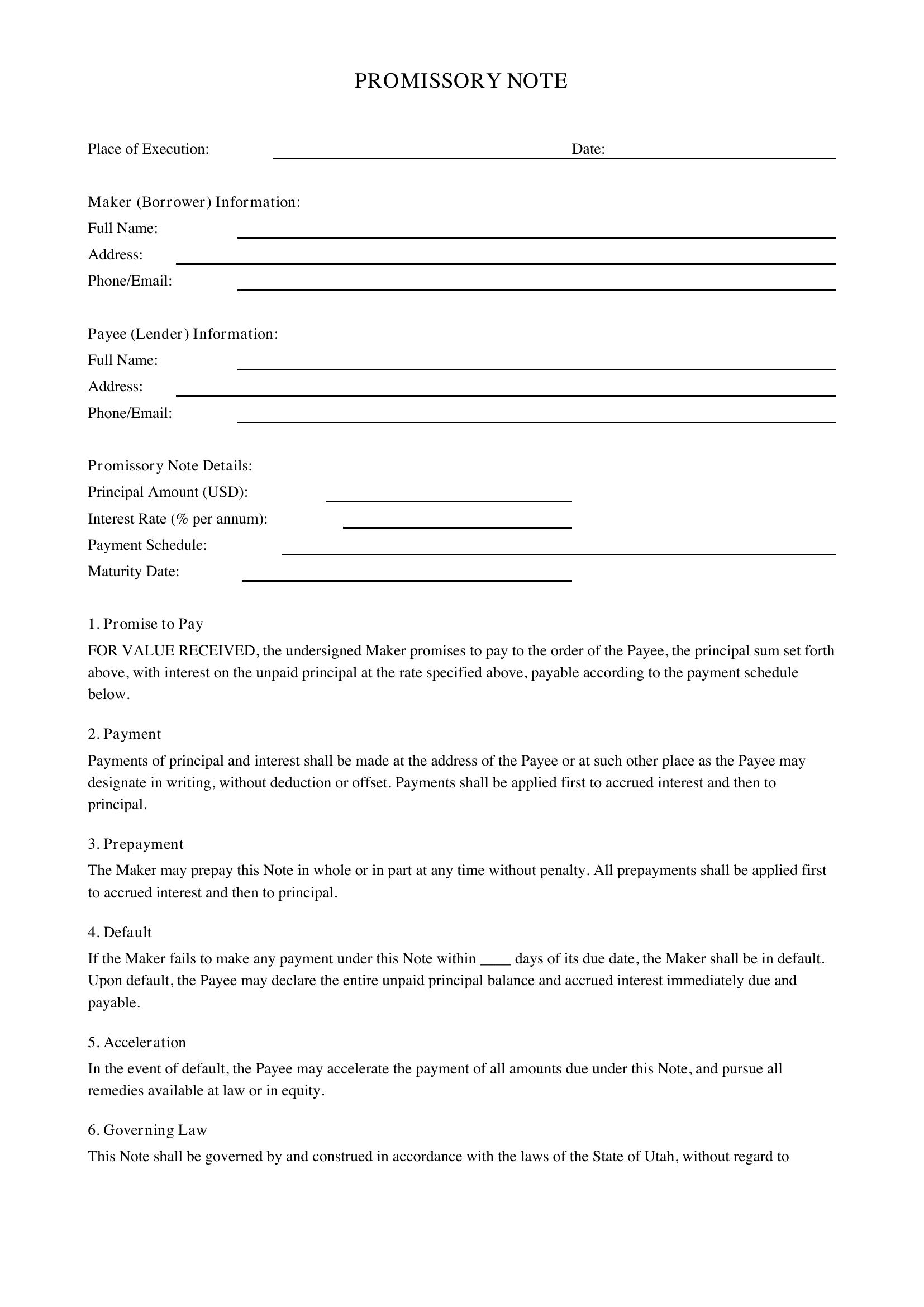 Promissory Note Template Utah