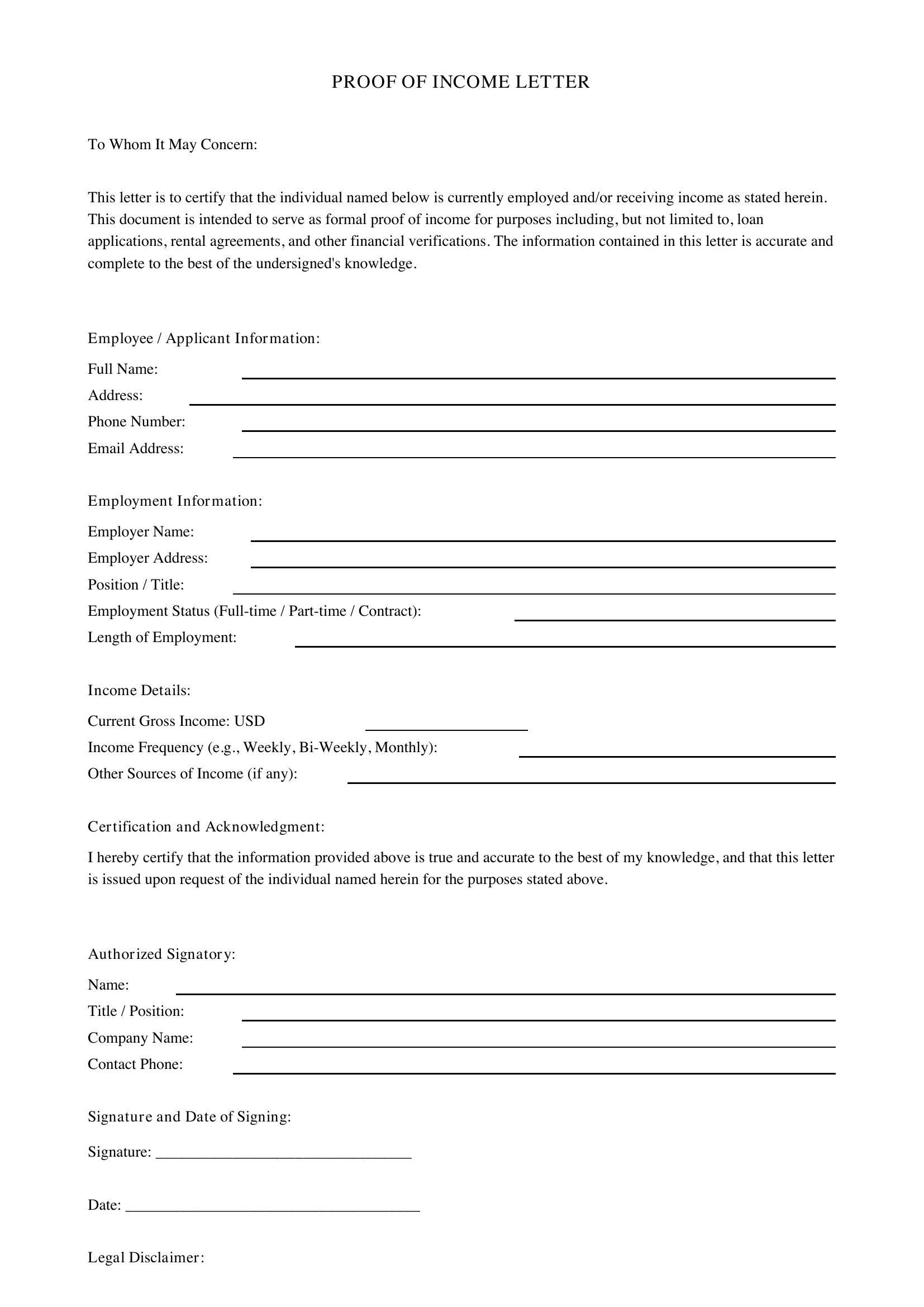 Proof Of Income Letter Template