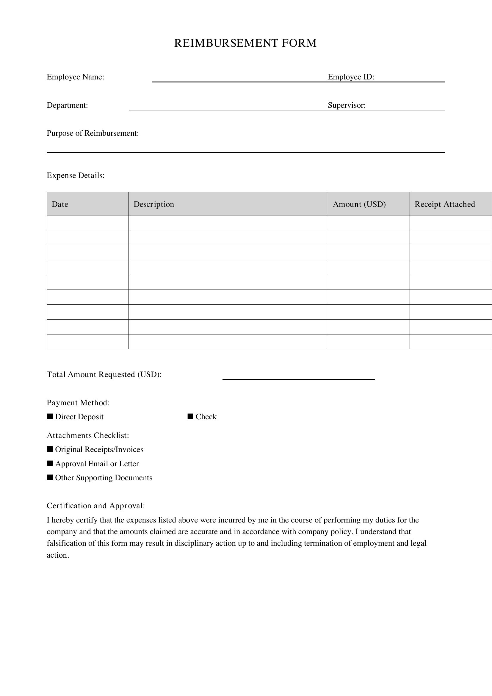 Reimbursement Form Template
