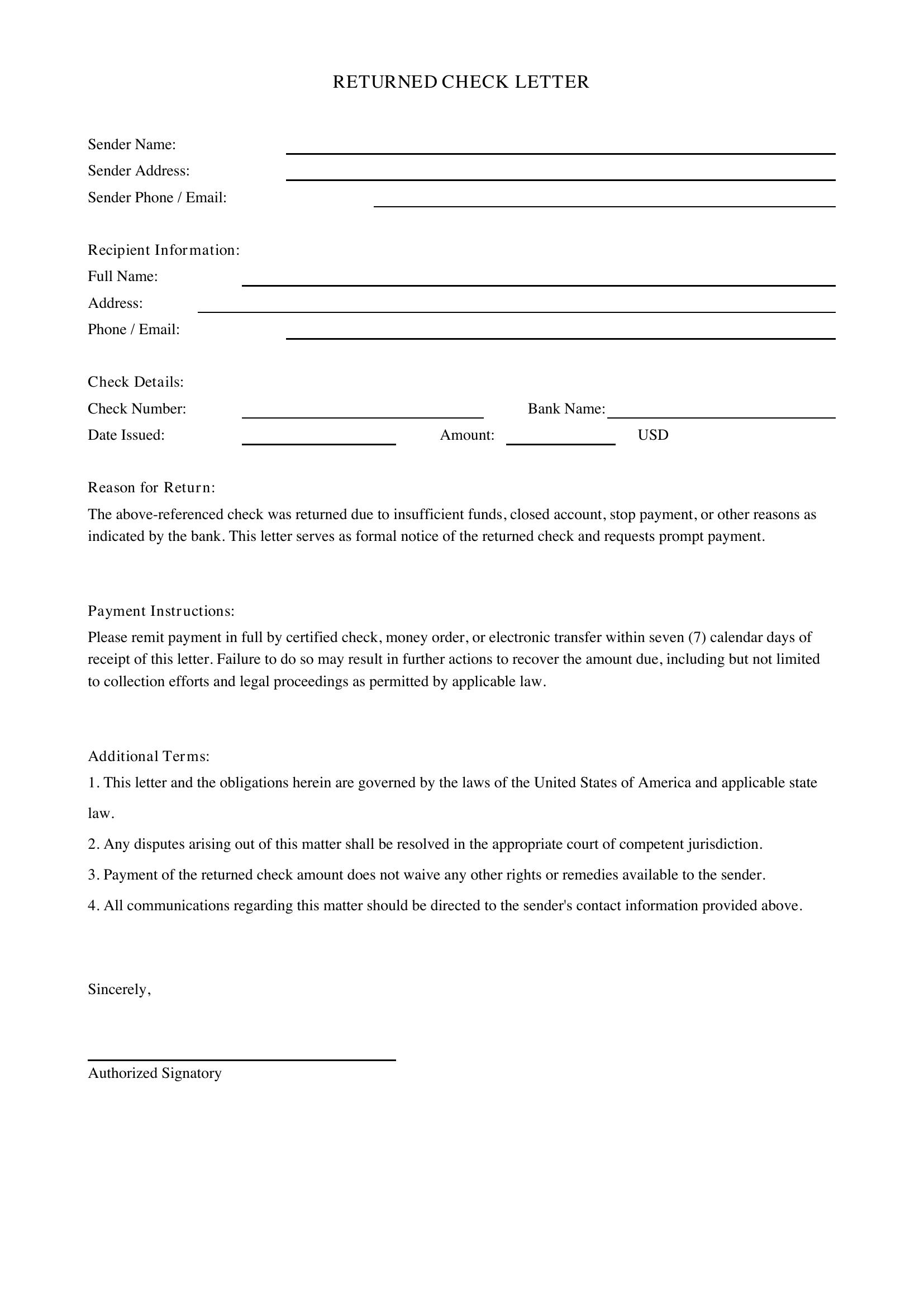 Returned Check Letter Template