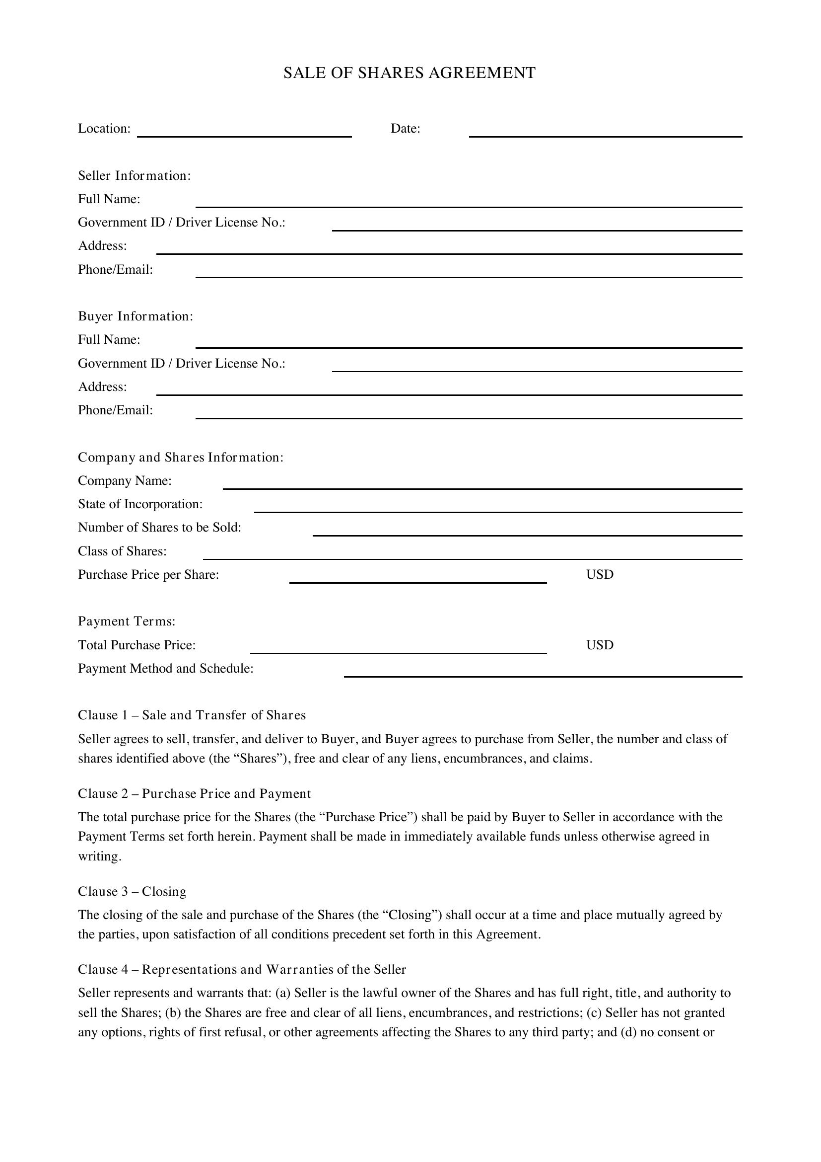 Sale Of Shares Agreement Template