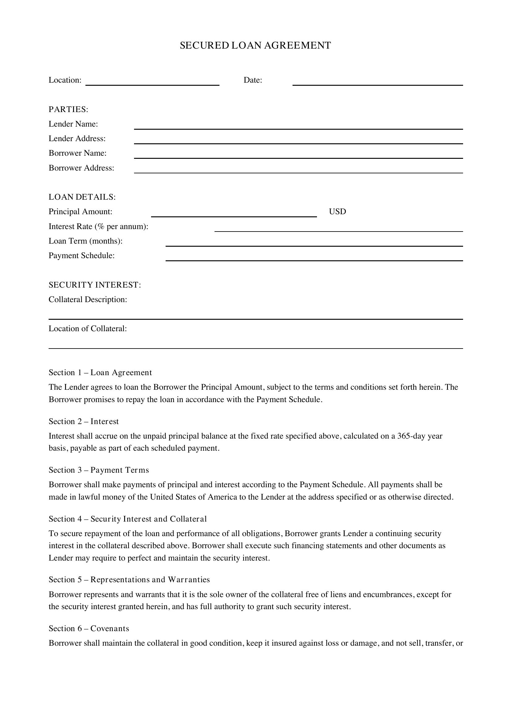 Secured Loan Agreement Template