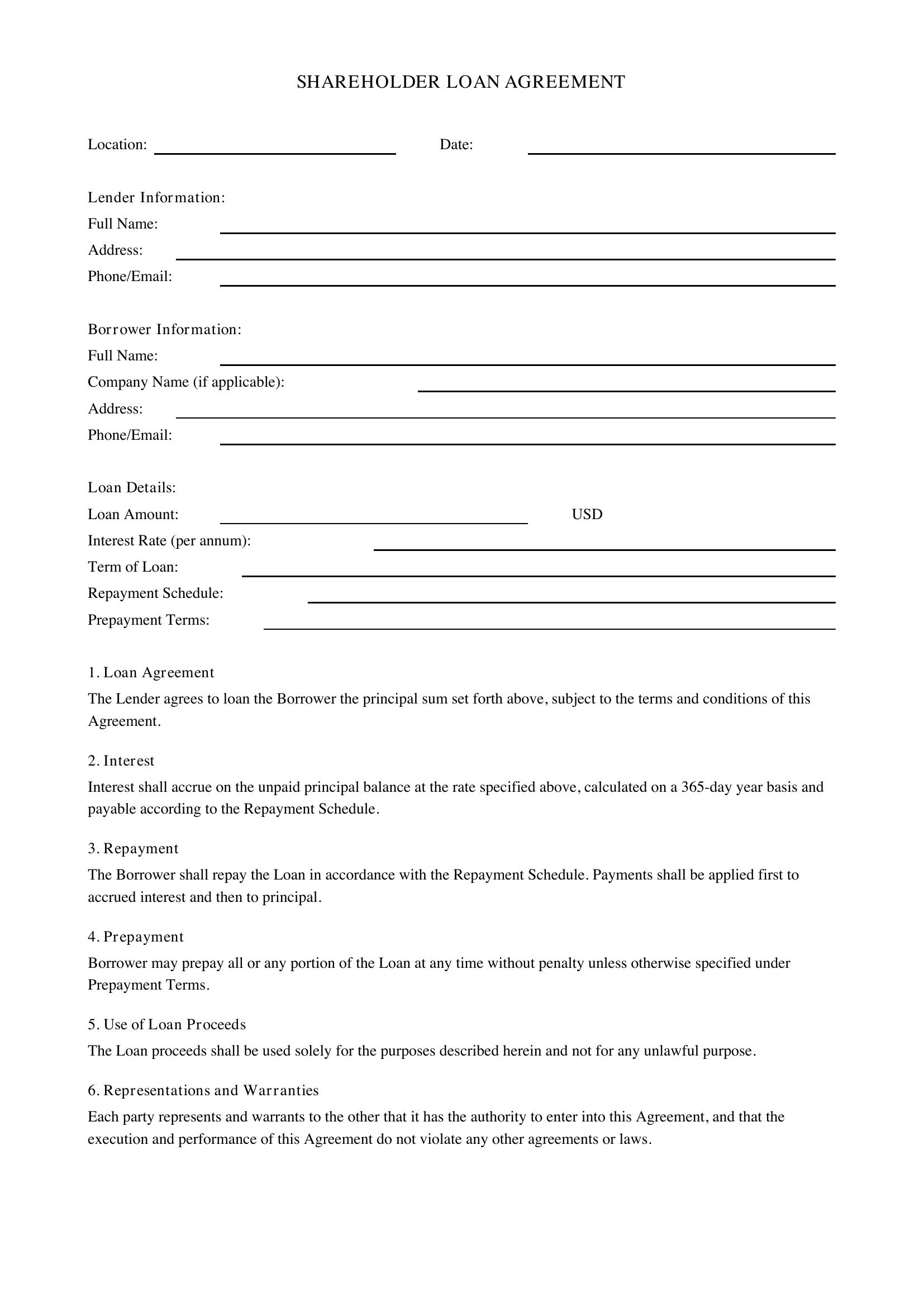 Shareholder Loan Agreement Template
