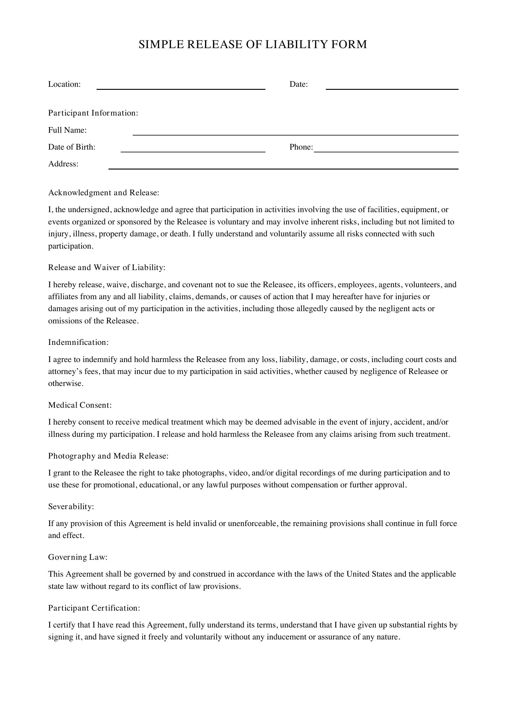 Simple Release Of Liability Form Template