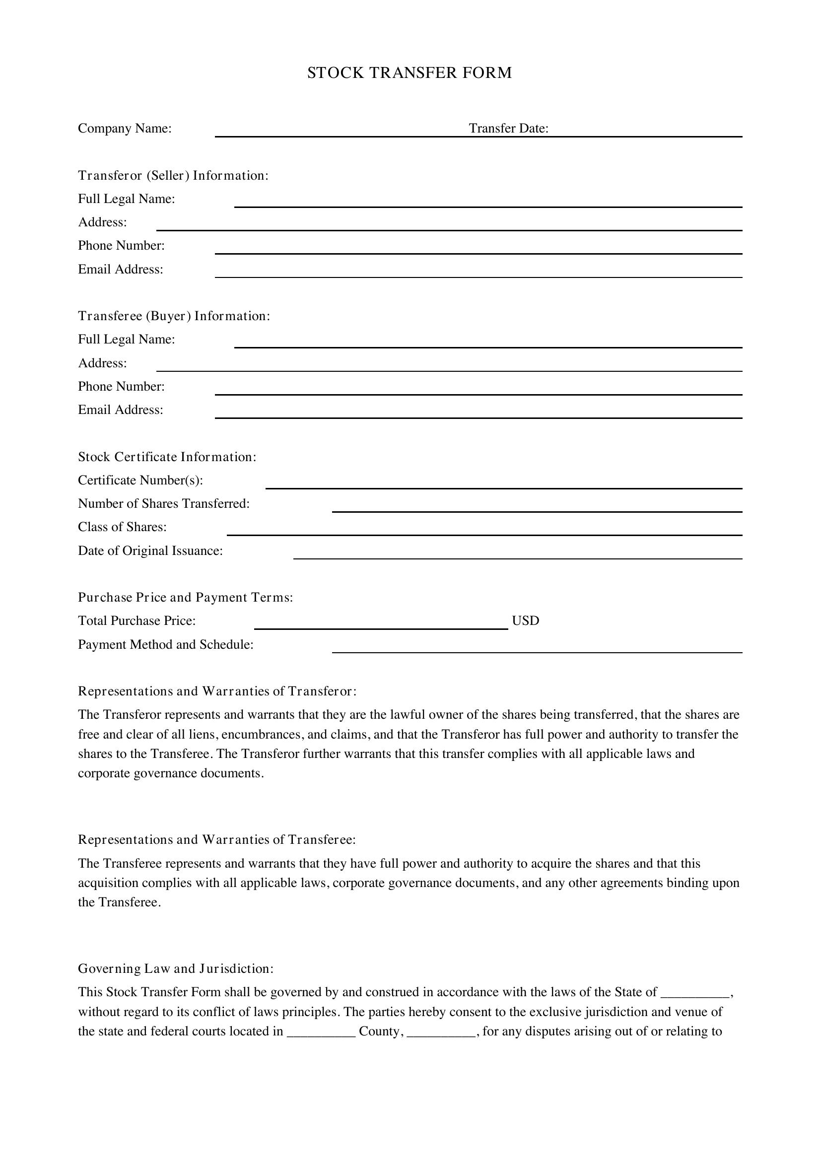 Stock Transfer Form Template