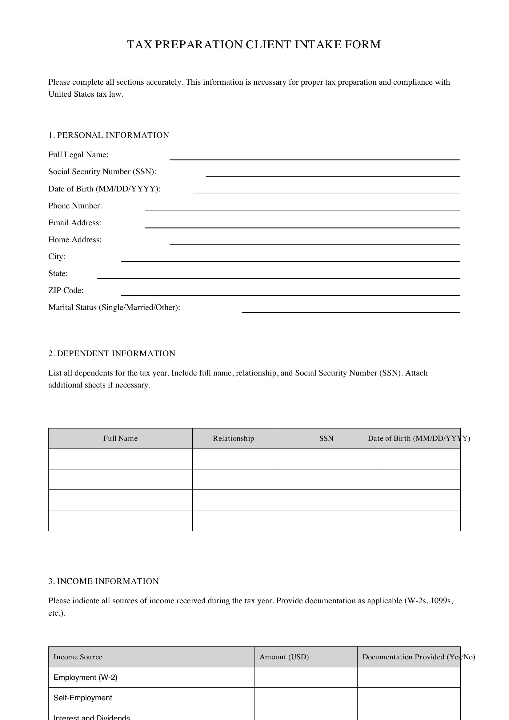 Tax Preparation Client Intake Form Template