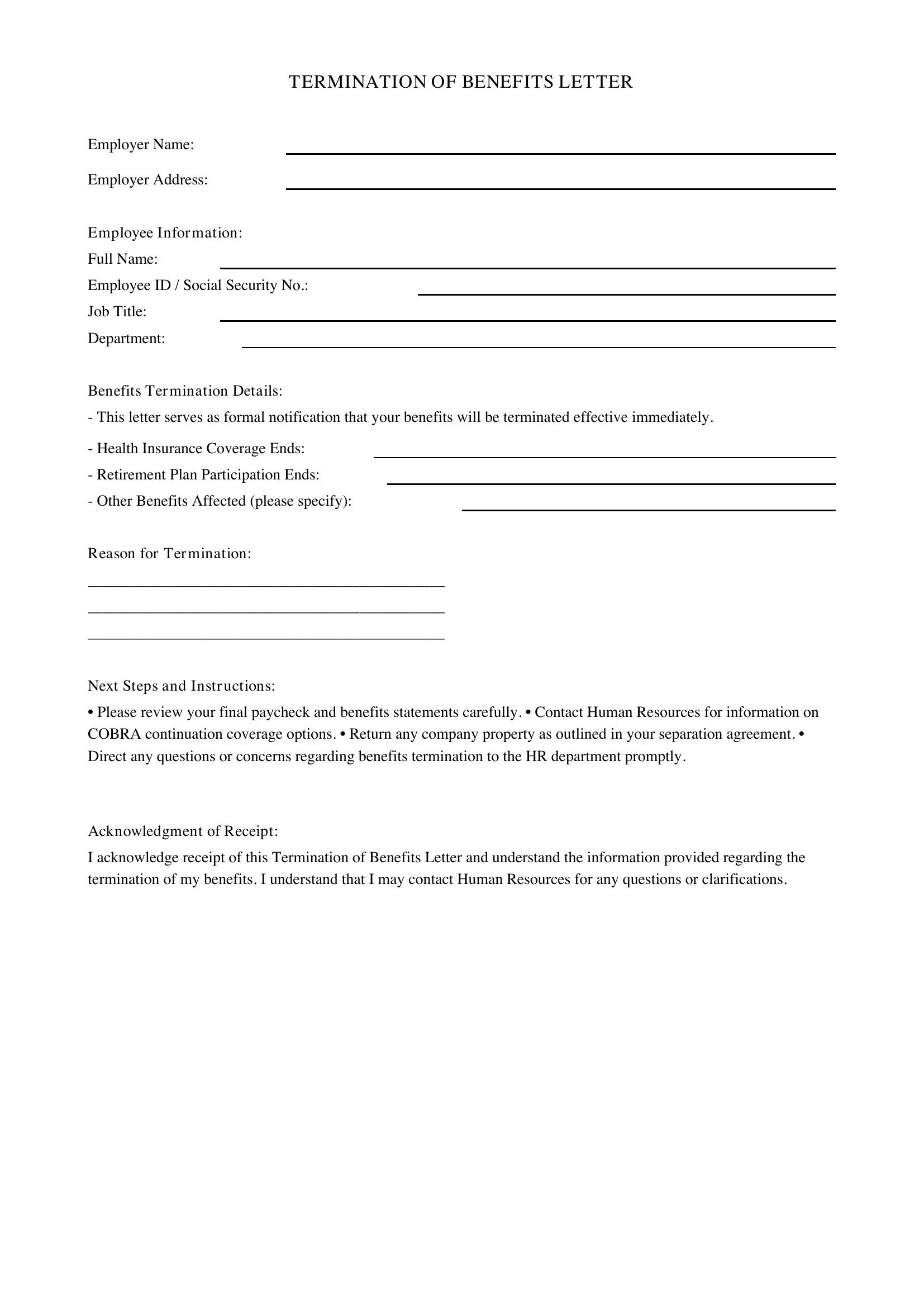Termination Of Benefits Letter Template