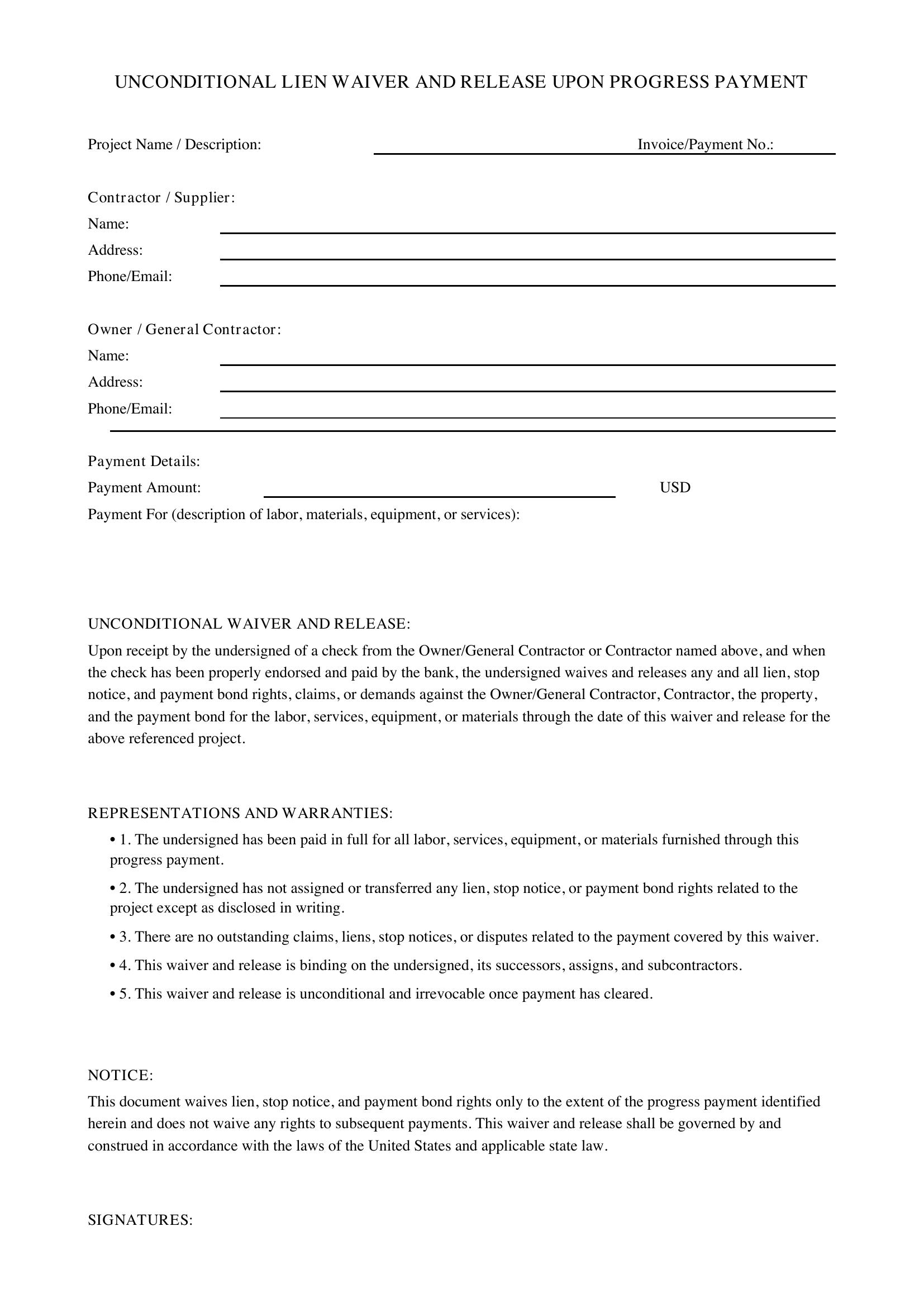 Unconditional Lien Waiver Template