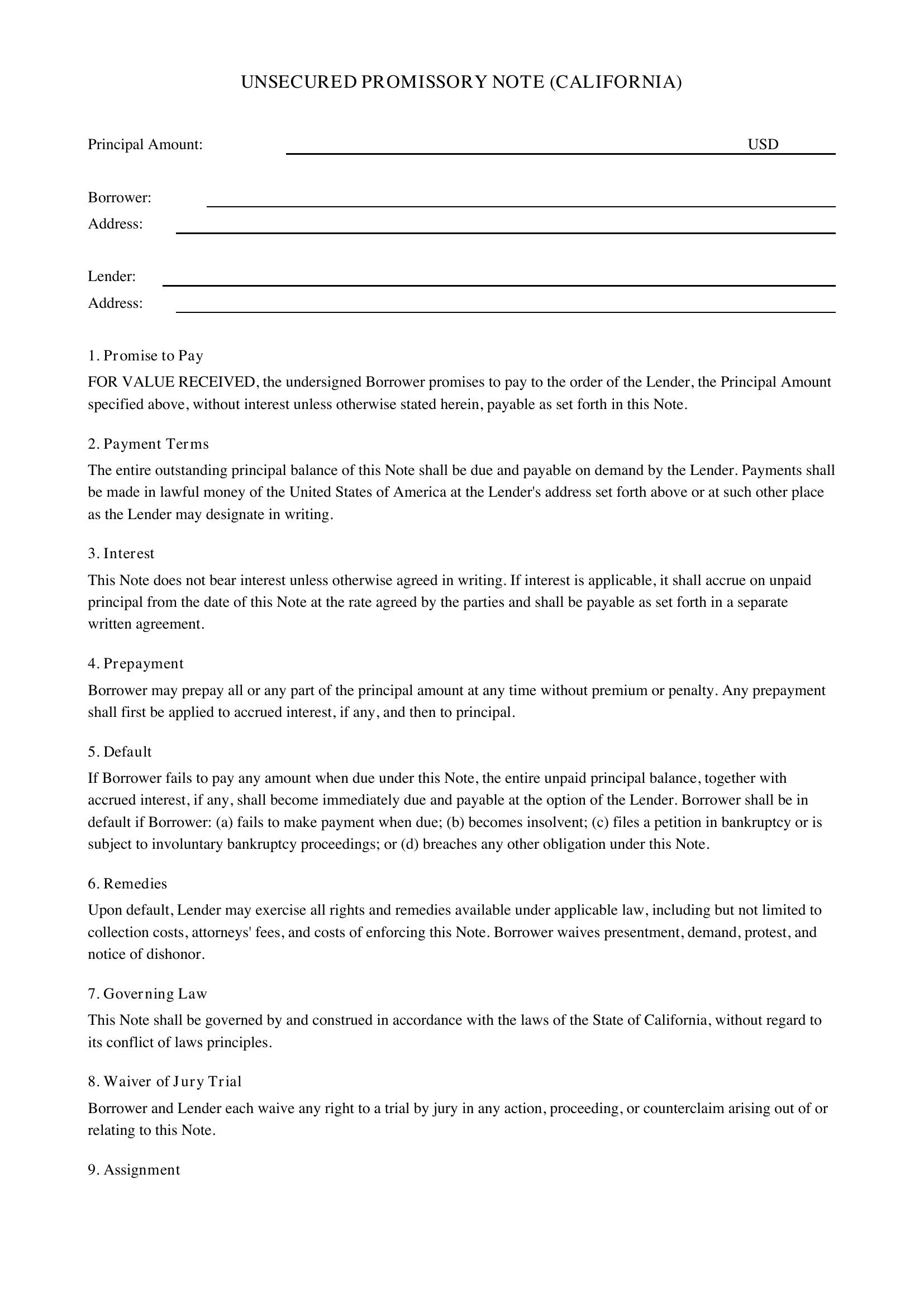 Unsecured Promissory Note Template California