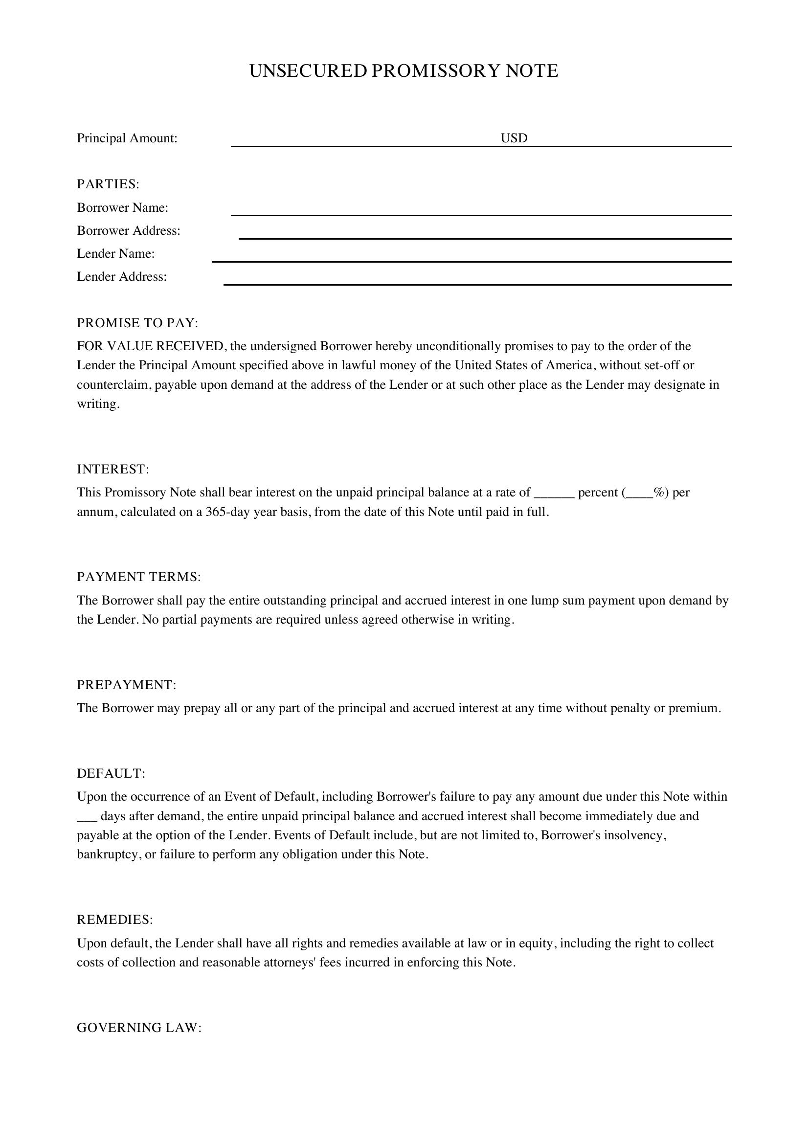 Unsecured Promissory Note Template