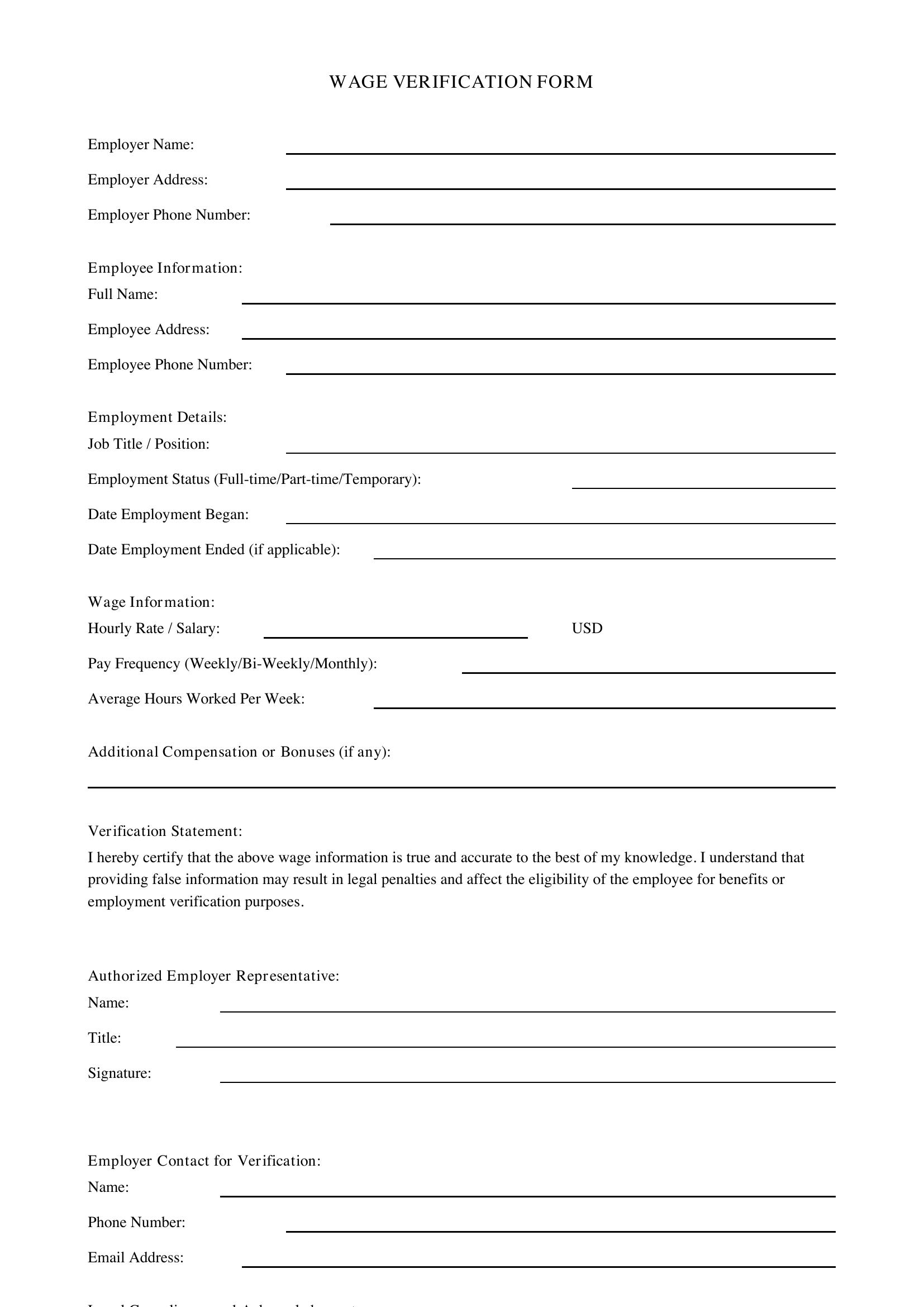 Wage Verification Form Template